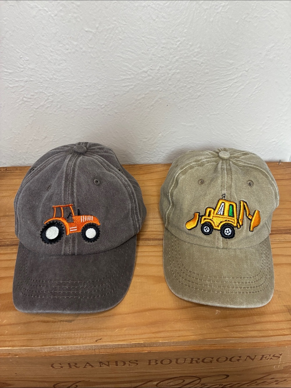 Kids Construction Hats — Embroidered Tractor and Backhoe